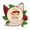 Ripe Cocoa pod fruit, beans and leaves around circle badge with text natural foods premium product. Concept for logo,