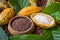 Ripe cocoa pod and nibs, cocoa beans setup background