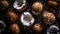 Ripe coconuts with water drops, banner, Generative AI 2