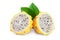 Ripe Dragon fruit half, Pitaya or Pitahaya yellow isolated on white background, fruit healthy concept