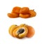 Ripe and dried apricots. Fresh and dried apricots isolate on white background. Apricots and dried apricots with copy space for tex