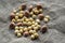 Ripe filbert kernels and hazelnuts in a shell on burlap background. Healthy nutrition. Close-up. Copy space.