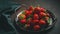 Ripe fresh farmed natural strawberries on a metal tray on the table