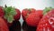 Ripe, fresh, natural strawberries in reflection, in extreme macro, close up. Movement forward, backward.