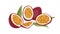Ripe fresh passionfruit, its cut juicy flesh with seeds. Piece of passion fruits with sweet pulp. Halves and quarters of