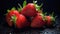 Ripe fresh strawberries in the rain. Dark background. AI