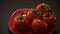 Ripe fresh tomatoes branch lies on red plate on the table