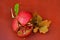 Ripe freshly torn pomegranate fruit lying on the table