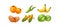 Ripe glossy vegetables and fruits, orange, green peas, banana, potato, corn, cabbage, game user interface element for