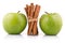 Ripe green apples with cinnamon sticks isolated