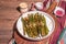 Ripe grilled asparagus. Rustic style arrangement, healthy food concept
