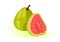 Ripe guava whole and half. Round, oval tropical exotic fruit with green skin and red pulp.
