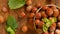 ripe hazelnuts in a cup .Vegetable protein source.Farmed organic hazelnuts.