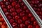 Ripe juicy cherries in boxes. Healthy eating and vegetarianism. Close-up. Top view. Background. Space for text