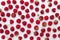 Ripe juicy fresh raspberries on white background flat lay top view. Raspberry pattern. Organic raspberries, healthy food, vitamins