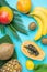 Ripe Juicy Mango Halved Papaya Coconut Kiwi Bananas on Large Palm Leaf on Blue Background. Summer Vacation Relaxation