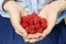 Ripe juicy raspberries in female hands