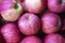 Ripe juicy red apples on the counter of the grocery market, a bunch of red-striped apples, fruit trade