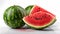 Ripe and Juicy Watermelons, Whole and Sliced, on a White Studio Background - Generative Ai