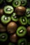 Ripe kiwis with dewdrops close-up