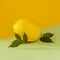 Ripe lemon with a leaf on bicolor multicolored background. Juicy summer vitamin C, citrus minimal concept.