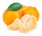 Ripe mandarin with leaf close-up on a white background. Tangerine orange with leaf on a white background.