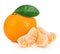 Ripe mandarin with leaf close-up on a white background. Tangerine orange with leaf on a white background.