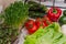 Ripe multicolored vegetables on the kitchen