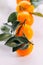 Ripe orange fresh mandarin on a white background. Five tangerines with green on a white background