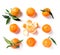 Ripe orange mandarine, tangerine, clementine with leaves isolated on white background, top view