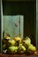 Ripe organic grown apples with leaves in wooden box in bright sunlight with copyspace. Natural fruit from garden concept image