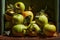 Ripe organic grown apples with leaves in wooden box in bright sunlight with copyspace. Natural fruit from garden concept image