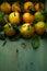 Ripe organic tangerines with leaves in wooden box in bright sunlight with copy space. Natural tropical fruit concept image