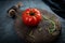 Ripe organic tomato and rosemary sprig on an old chopping board. Ripe vegetable was cracked with juice. Selective focus