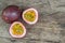 Ripe passion fruit isolated on old wood table