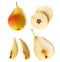 Ripe pear, half and pieces on a white background. The view from the top.