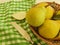 Ripe pear natural bio on a plate eating season harvest nutrition on a white wooden background