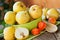 Ripe pears in green bowl