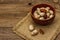 Ripe pecan on vintage wooden background