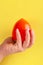 Ripe persimmon fruit woman`s hand on bright yellow background