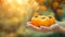 Ripe persimmon held in hand, selecting fresh persimmons on blurred background with space for text