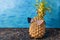 Ripe pineapple in black sunglasses on blue background. The concept of rest in the tropics. Close-up of a fruit with space for