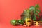 Ripe pineapple with black whiskers maracas red background with large green leaves of the plant. Funny face from food.