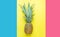 Ripe Pineapple with Bushy Green Leaves on Split Triple Tone Pink Blue Yellow Background. Summer Vacation Travel Tropical Fruits