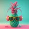 Ripe pineapple with headphones and sunglasses in pastel colors. AI generative illustration, image generated by AI