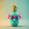 Ripe pineapple with headphones and sunglasses in pastel colors. AI generative illustration, image generated by AI