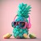 Ripe pineapple with headphones and sunglasses in pastel colors. AI generative illustration, image generated by AI