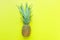 Ripe Pineapple with Long Bushy Green Leaves on Yellow Background. Summer Vacation Travel Tropical Fruits Vitamins Fashion