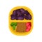 Ripe plums and raspberries, green broccoli and rye bread in orange lunch box, top view. Healthy food. Flat vector icon