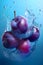 Ripe plums with splashes of drops of water or juice on a blue background, Generative AI 1